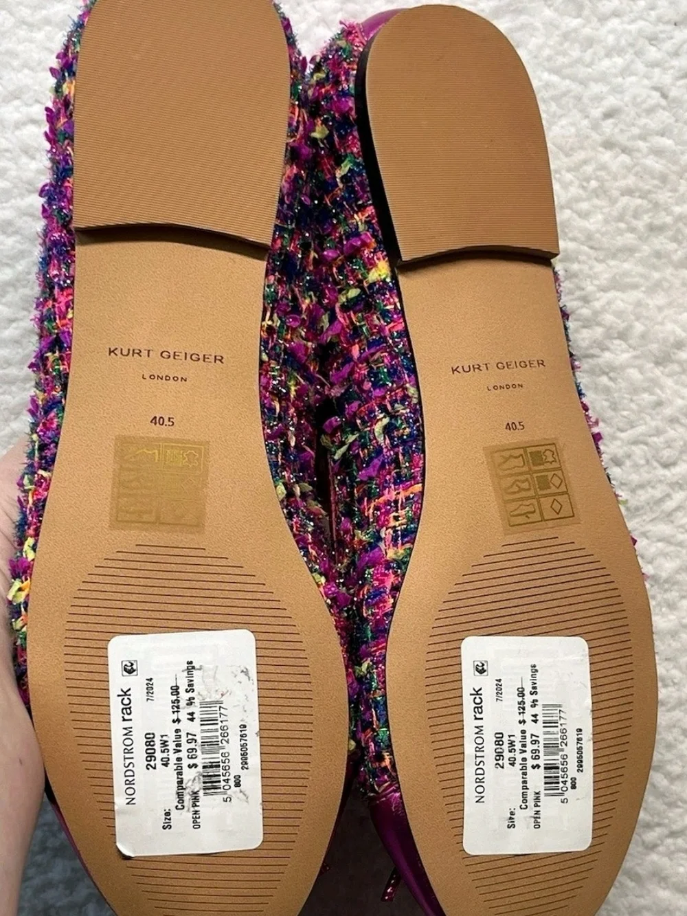 Kurt Geiger Metallic Fuchsia Tweed Ballet Flats with Gold Charm - Picture 3 of 7